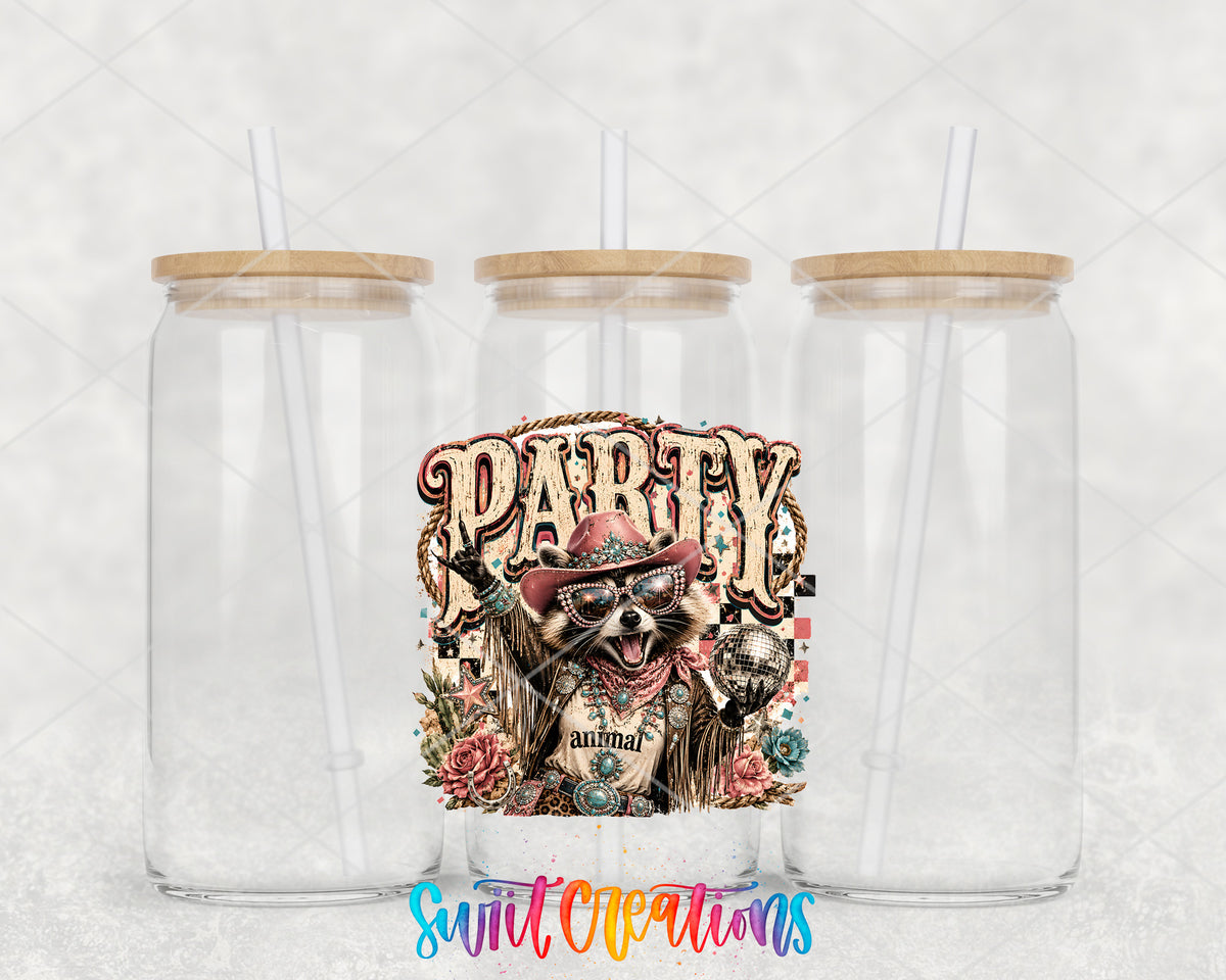 Western Glam Party Animal clear glass tumbler group mockup with bamboo lids and straws