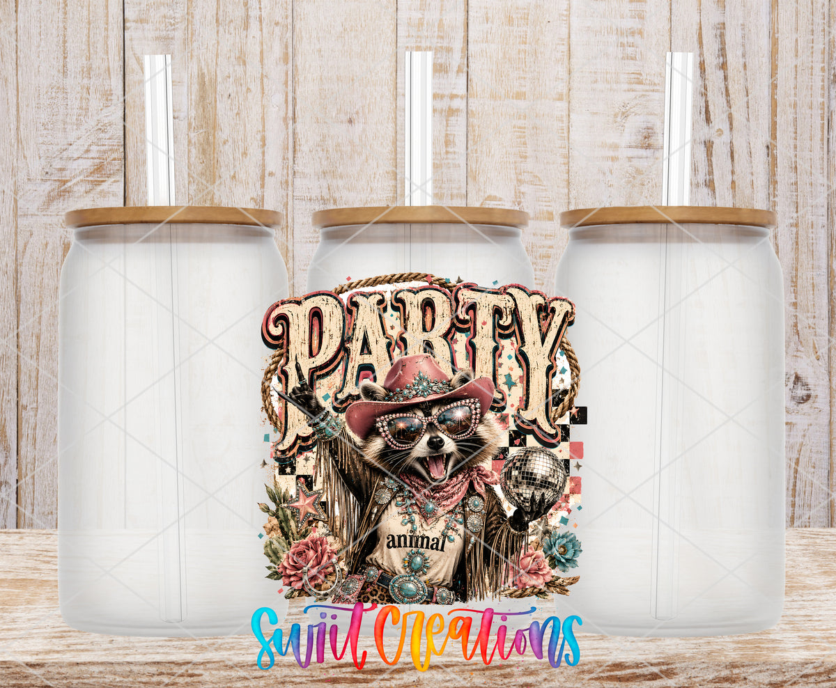 Western Glam Party Animal frosted glass tumbler mockup with bamboo lids and straws