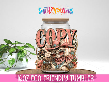 Western Glam Copy Cat design on a 16 oz clear glass tumbler with bamboo lid