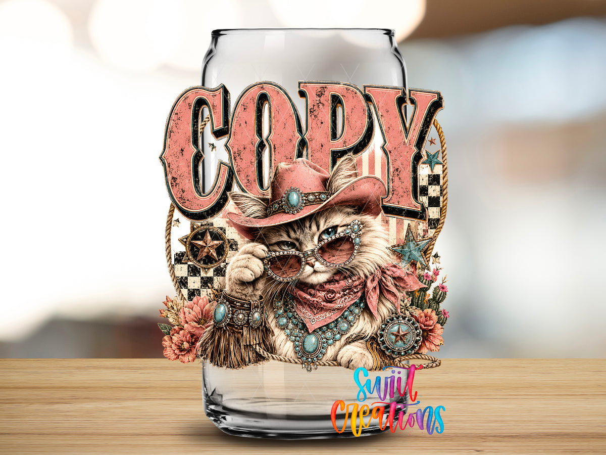 Western Glam Copy Cat design close-up on a clear glass can tumbler