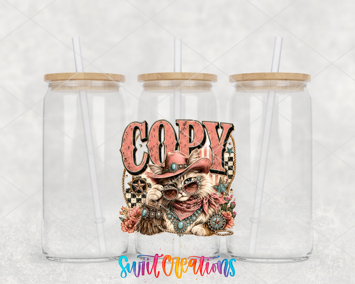 Western Glam Copy Cat clear glass tumbler group mockup with bamboo lids and straws