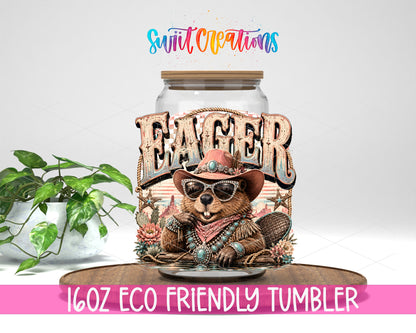 Western Glam Eager Beaver design on a 16 oz clear glass tumbler with bamboo lid