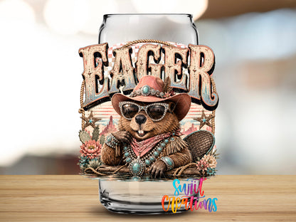 Western Glam Eager Beaver design close-up on a clear glass can tumbler