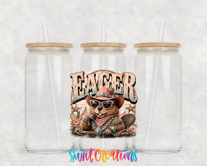 Western Glam Eager Beaver clear glass tumbler group mockup with bamboo lids and straws