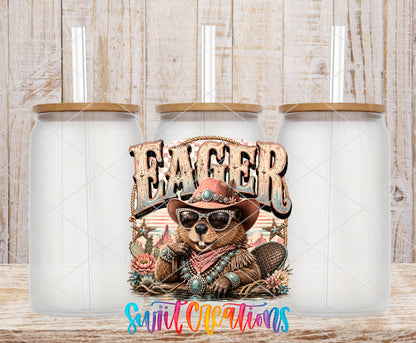 Western Glam Eager Beaver frosted glass tumbler mockup with bamboo lids and straws