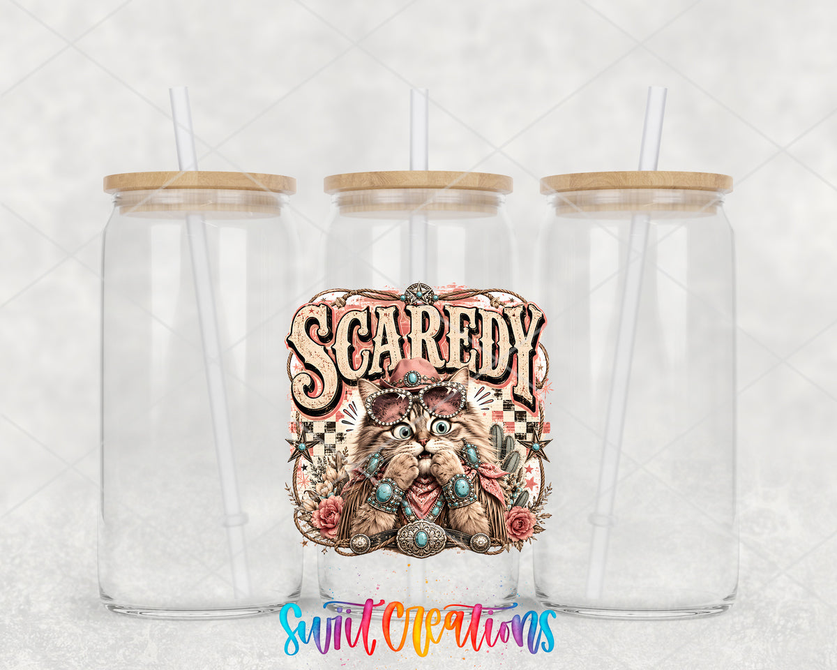Western Glam Scaredy Cat clear glass tumbler group mockup with bamboo lids and straws