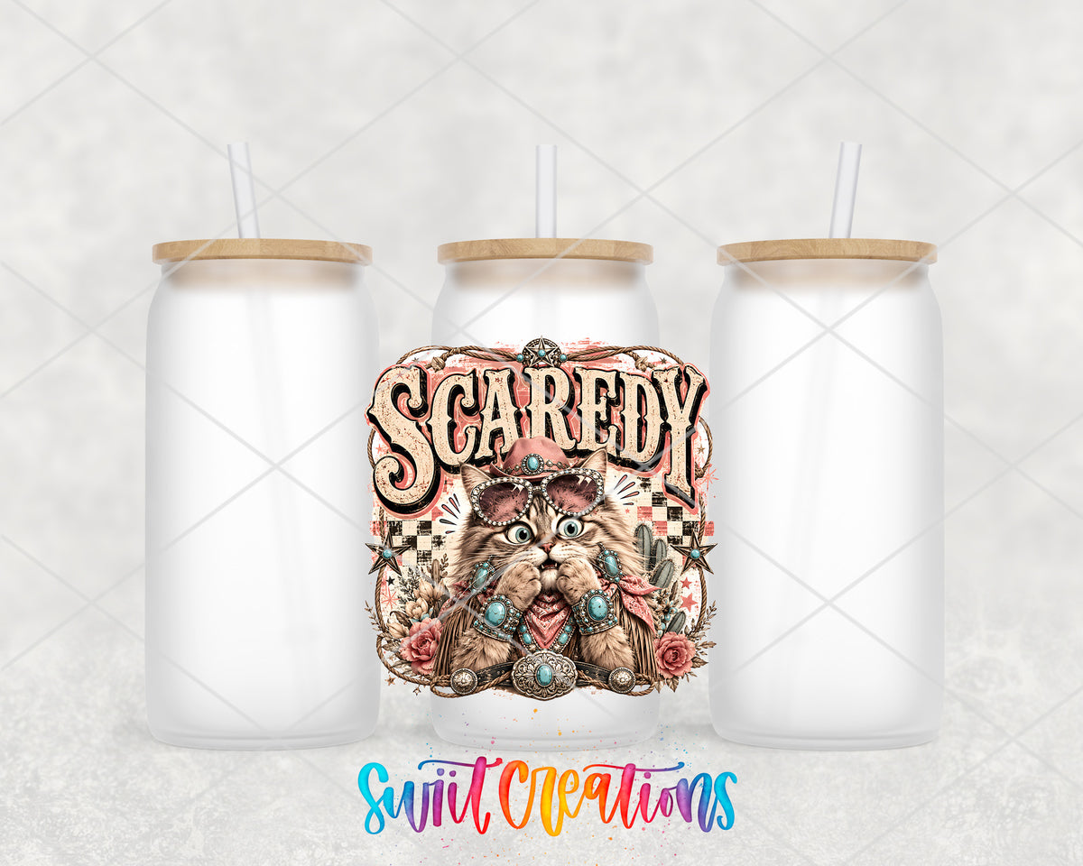 Western Glam Scaredy Cat frosted glass tumbler group view with lids and straws