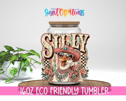 Western Glam Silly Goose design on a 16 oz clear glass tumbler with bamboo lid