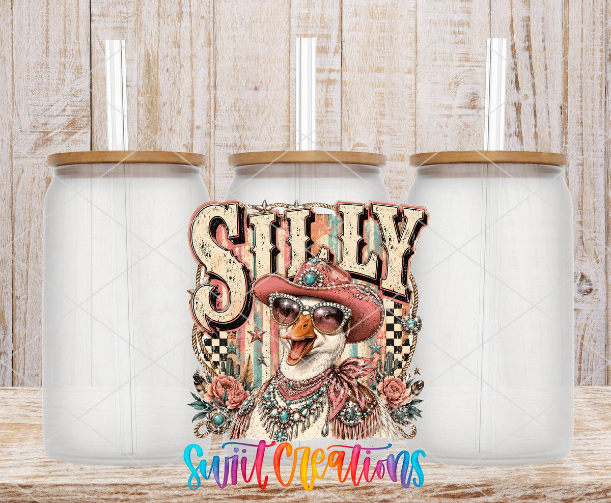 Western Glam Silly Goose frosted glass tumbler mockup with bamboo lids and straws