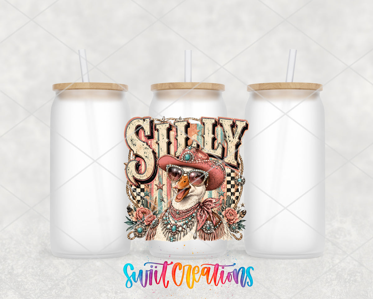 Western Glam Silly Goose frosted glass tumbler group view with lids and straws