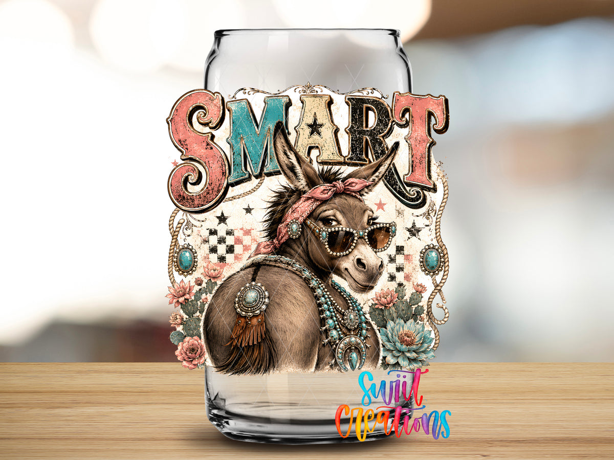 Western Glam Smart Ass design close-up on a clear glass can tumbler