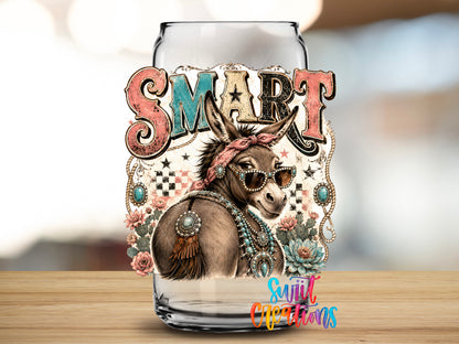 Western Glam Smart Ass design close-up on a clear glass can tumbler