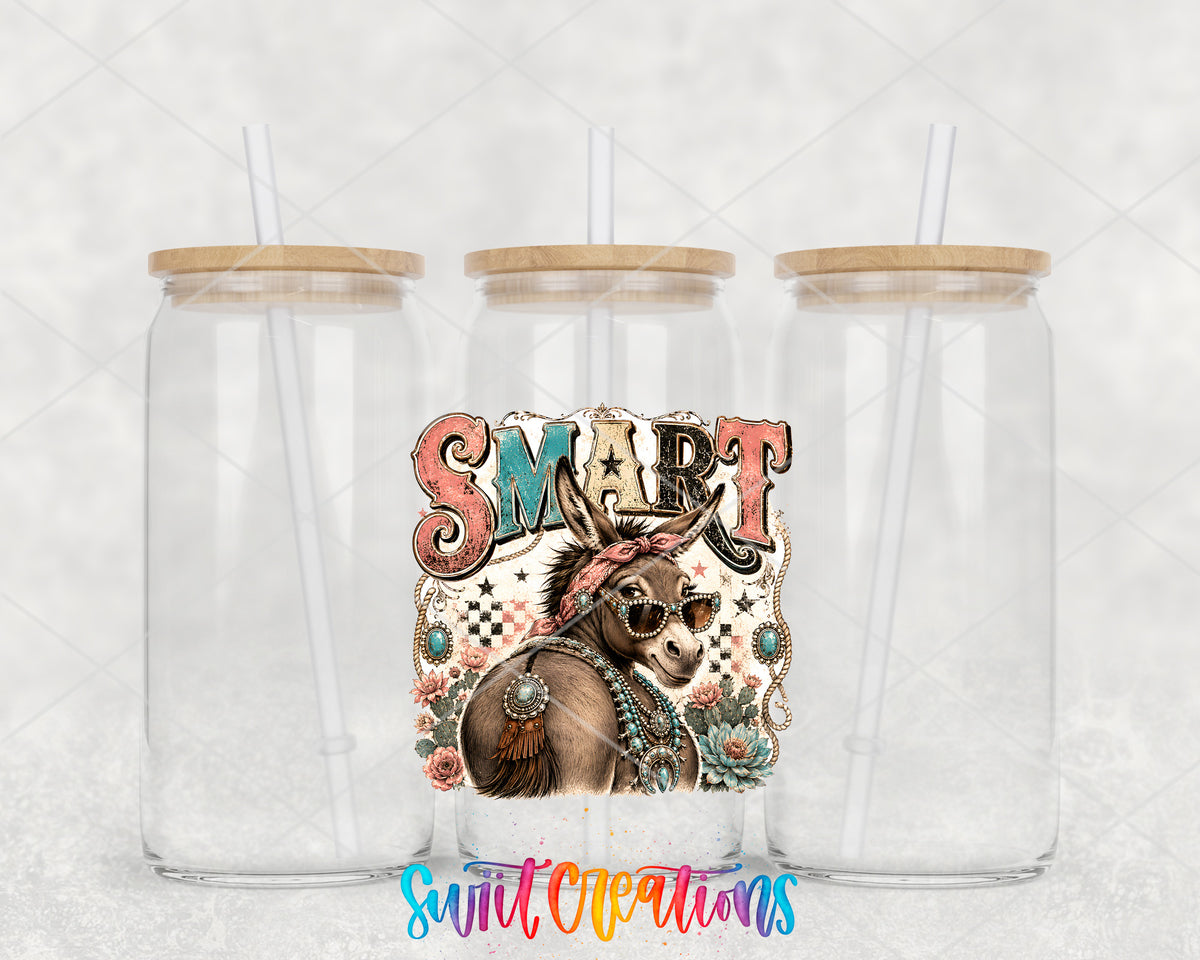 Western Glam Smart Ass clear glass tumbler group mockup with bamboo lids and straws