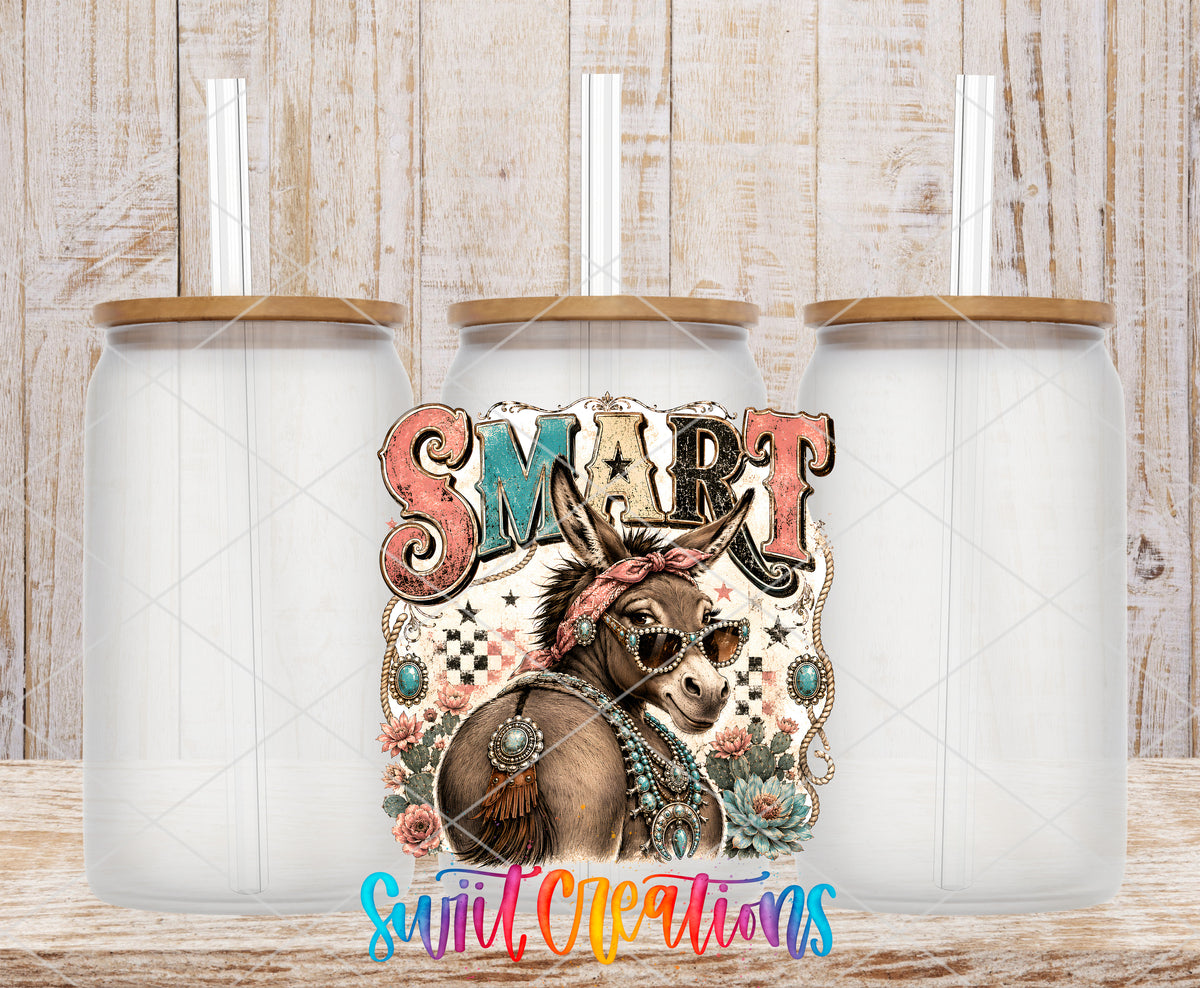 Western Glam Smart Ass frosted glass tumbler mockup with bamboo lids and straws