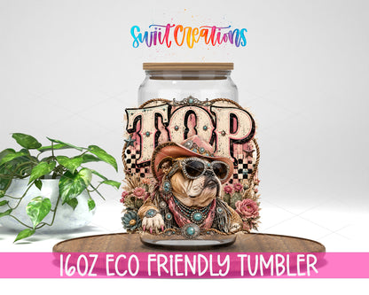 Western Glam Top Dog design on a 16 oz clear glass tumbler with bamboo lid