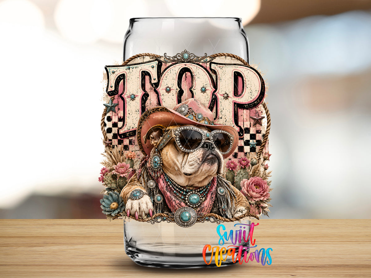 Western Glam Top Dog design close-up on a clear glass can tumbler