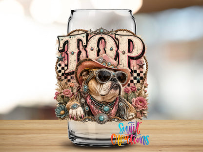 Western Glam Top Dog design close-up on a clear glass can tumbler