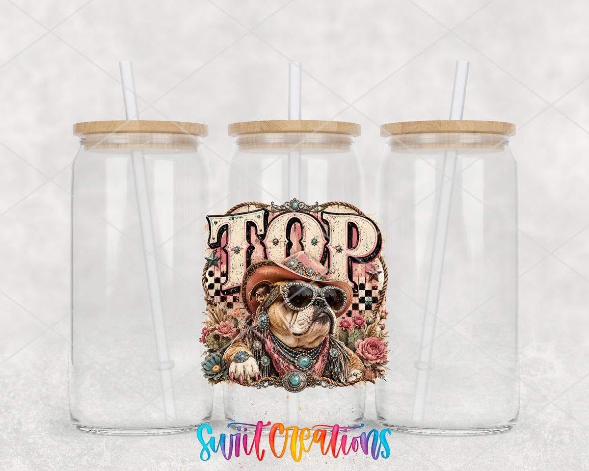 Western Glam Top Dog clear glass tumbler group mockup with bamboo lids and straws