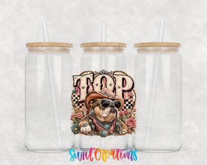 Western Glam Top Dog clear glass tumbler group mockup with bamboo lids and straws