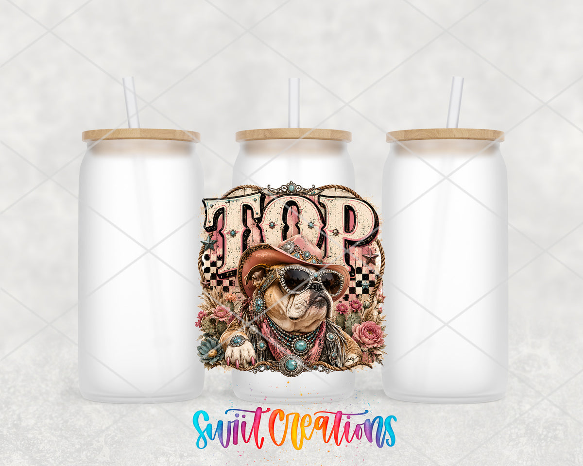 Western Glam Top Dog frosted glass tumbler group view with lids and straws