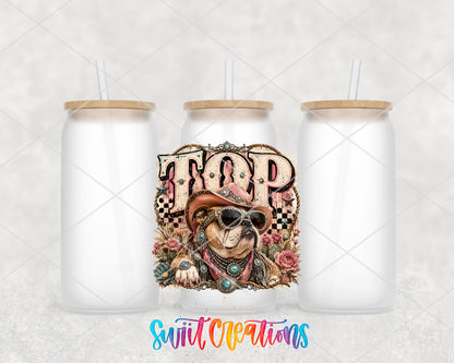 Western Glam Top Dog frosted glass tumbler group view with lids and straws