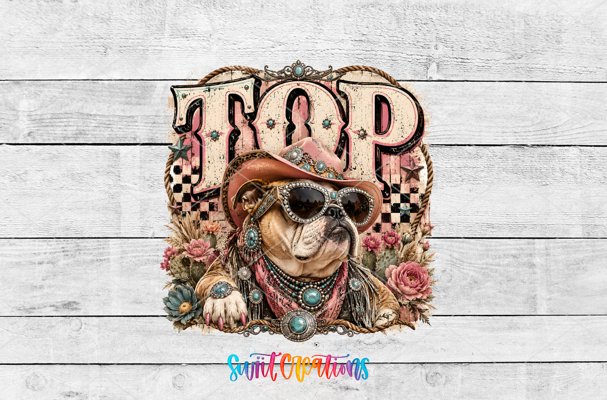 Western Glam Top Dog artwork detail for the finished 16 oz tumbler