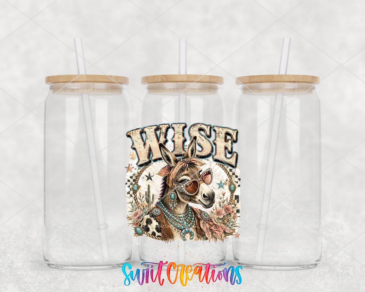 Western Glam Wise Ass clear glass tumbler group mockup with bamboo lids and straws