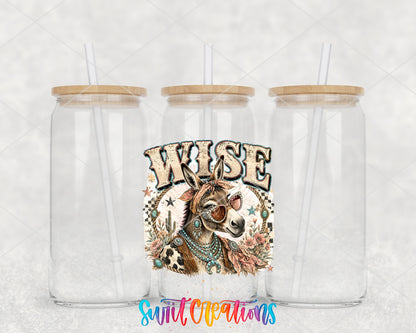 Western Glam Wise Ass clear glass tumbler group mockup with bamboo lids and straws