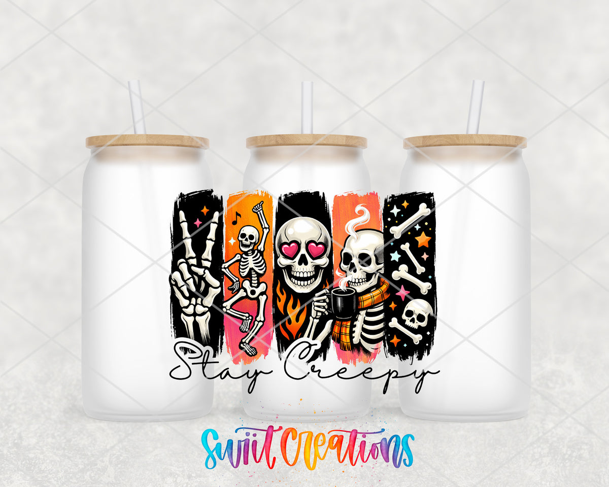 Stay Creepy frosted glass tumbler group view with lids and straws