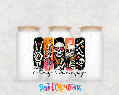 Stay Creepy frosted glass tumbler group view with lids and straws