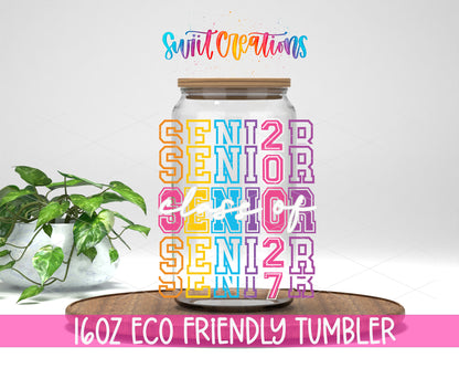 Senior 2027 design on a 16 oz clear glass tumbler with bamboo lid