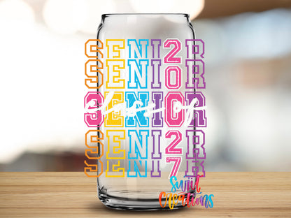 Senior 2027 design close-up on a clear glass can tumbler