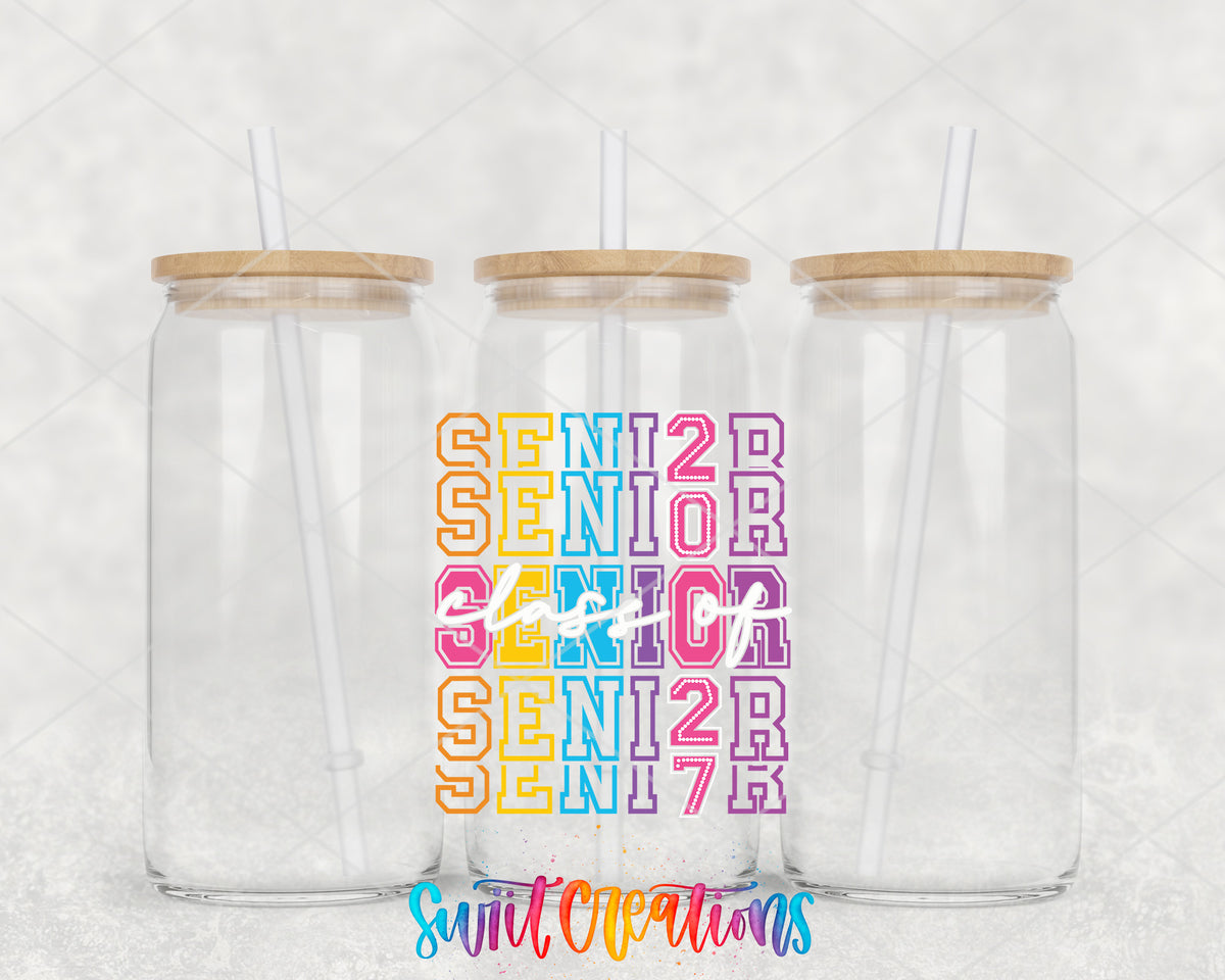 Senior 2027 clear glass tumbler group mockup with bamboo lids and straws
