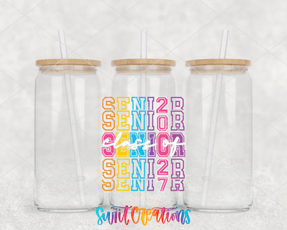 Senior 2027 clear glass tumbler group mockup with bamboo lids and straws
