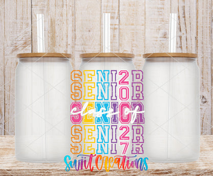 Senior 2027 frosted glass tumbler mockup with bamboo lids and straws
