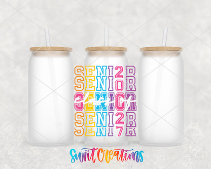Senior 2027 frosted glass tumbler group view with lids and straws