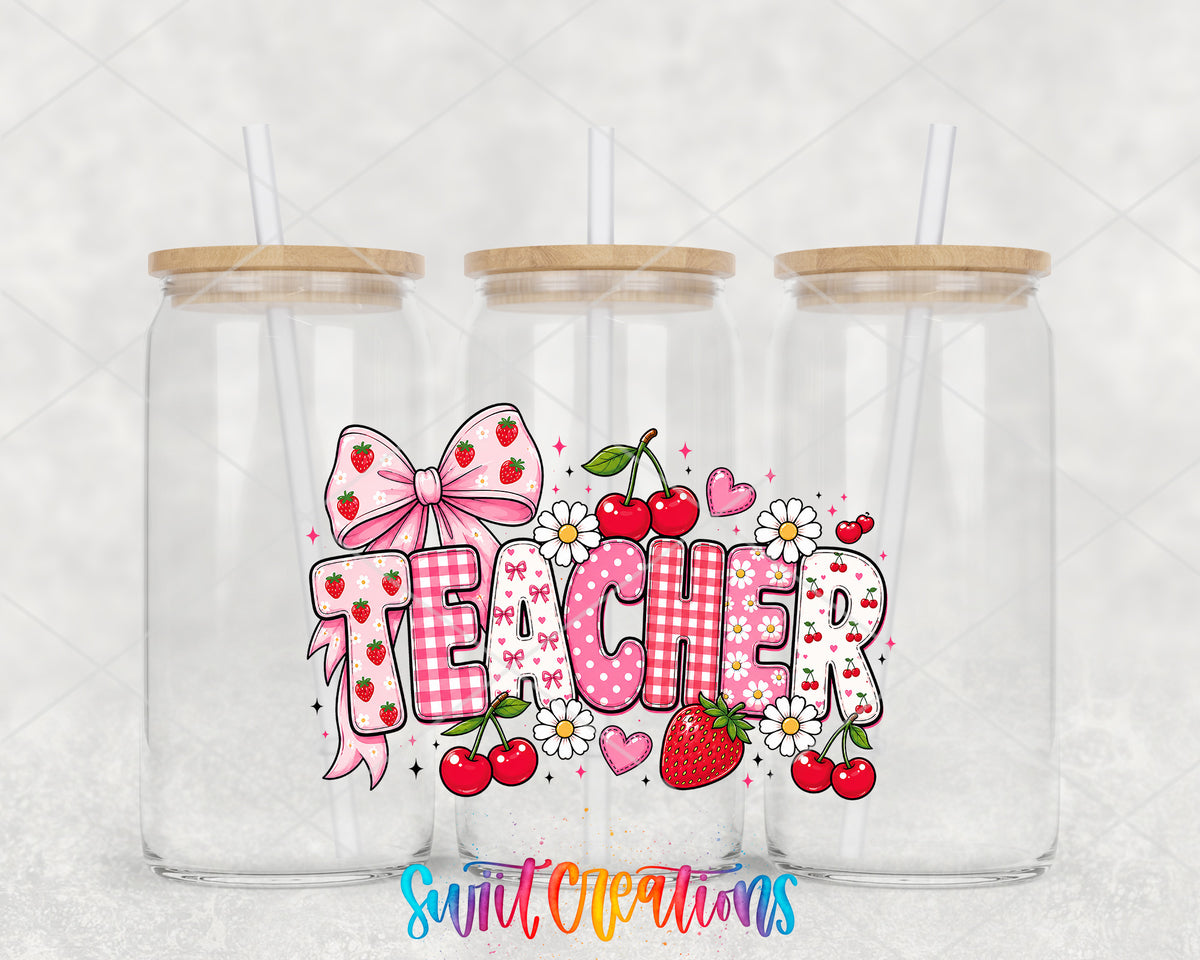 Strawberry Teacher clear glass tumbler group mockup with bamboo lids and straws