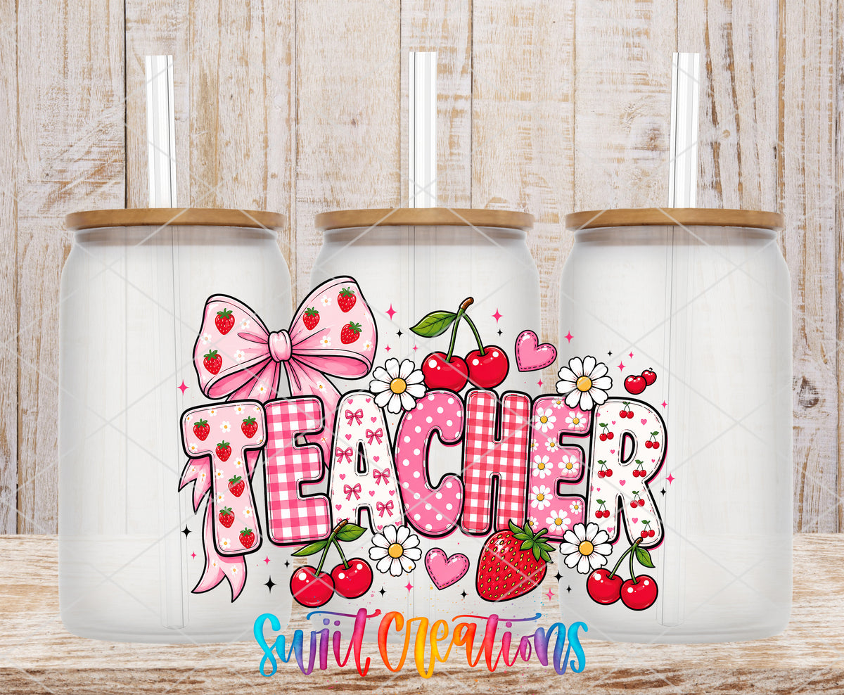 Strawberry Teacher frosted glass tumbler mockup with bamboo lids and straws