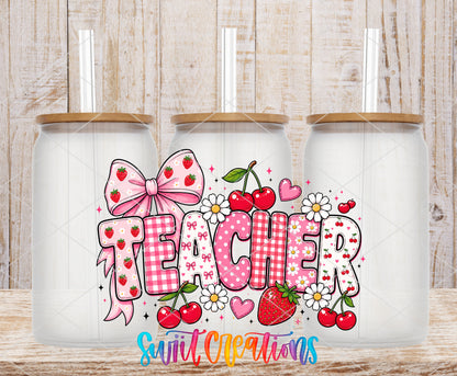 Strawberry Teacher frosted glass tumbler mockup with bamboo lids and straws