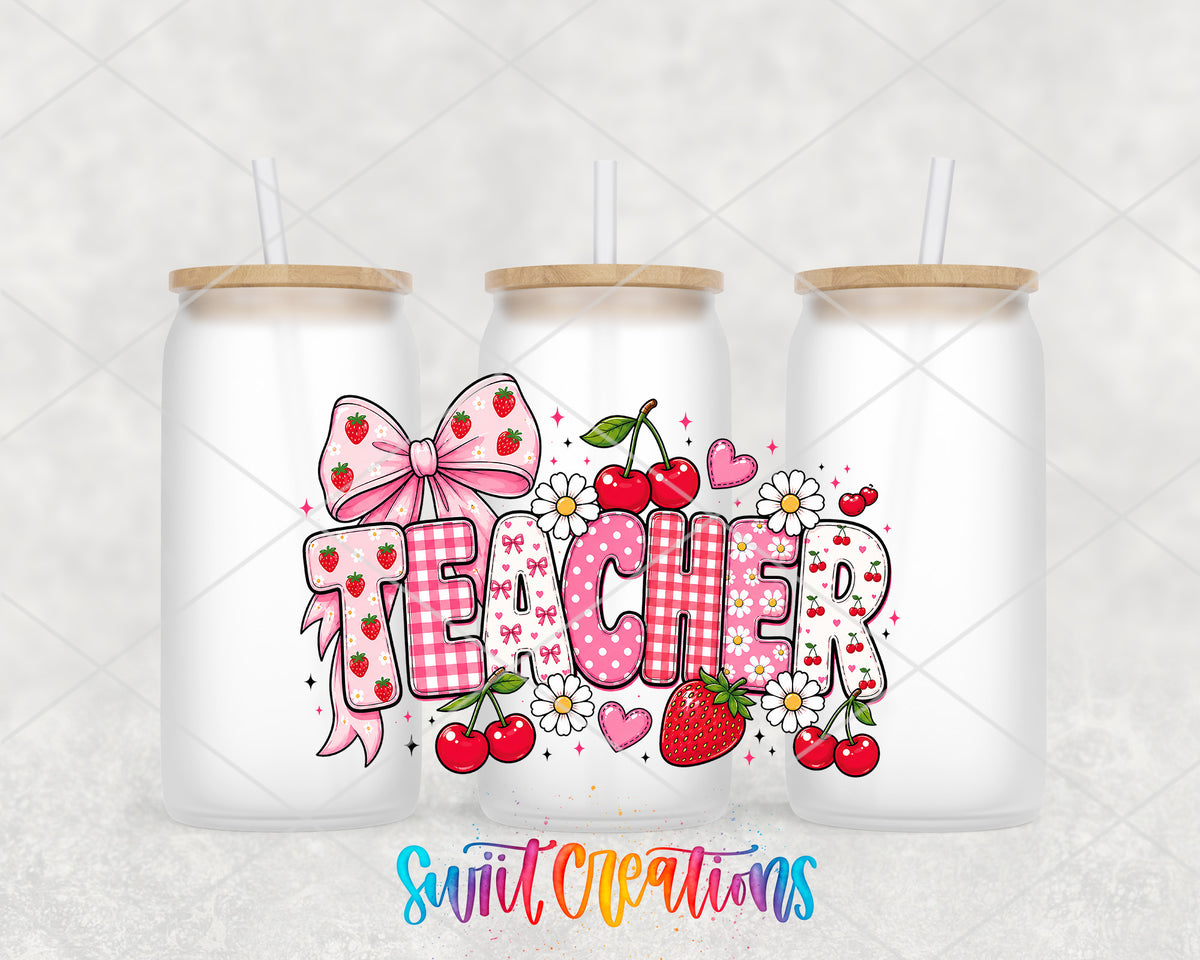 Strawberry Teacher frosted glass tumbler group view with lids and straws