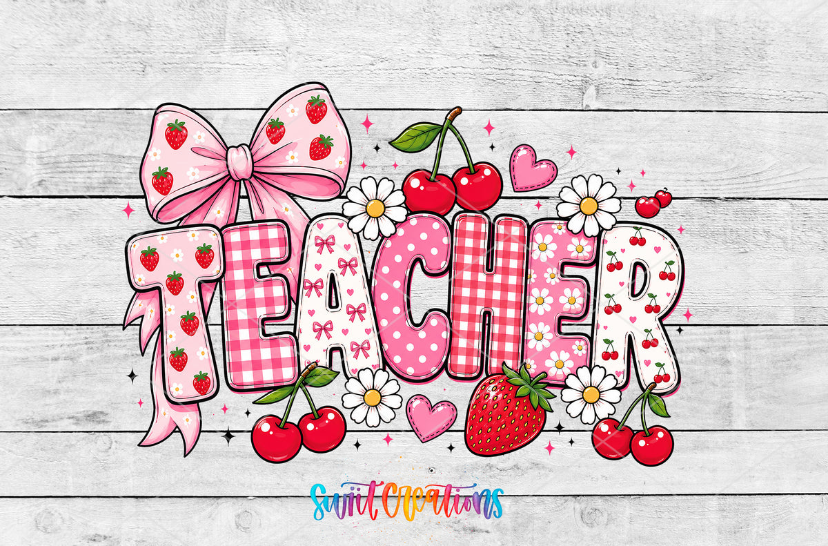 Strawberry Teacher artwork detail for the finished 16 oz tumbler