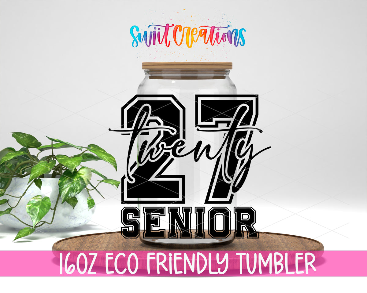 2027 Senior design on a 16 oz clear glass tumbler with bamboo lid