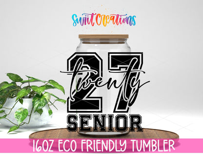 2027 Senior design on a 16 oz clear glass tumbler with bamboo lid