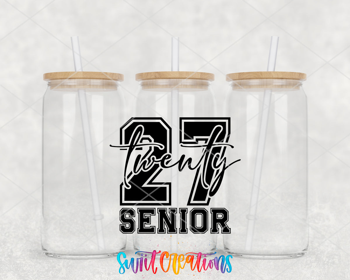 2027 Senior clear glass tumbler group mockup with bamboo lids and straws