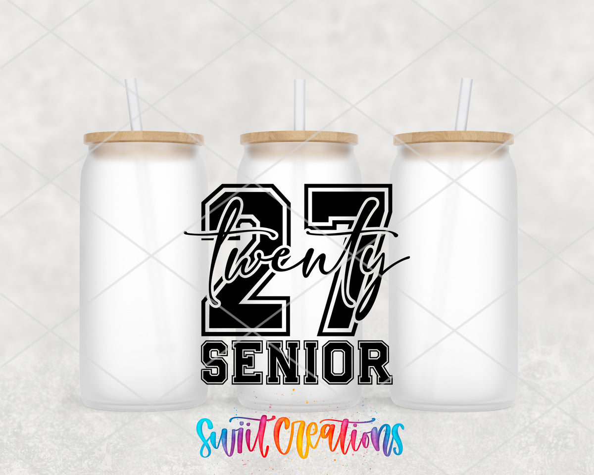 2027 Senior frosted glass tumbler group view with lids and straws
