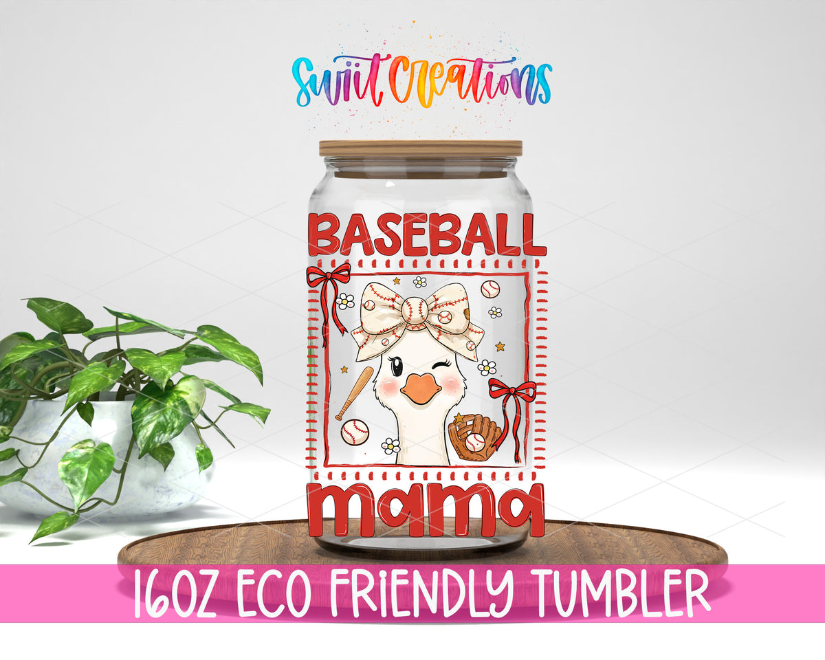 Baseball Mama Goose design on a 16 oz clear glass tumbler with bamboo lid