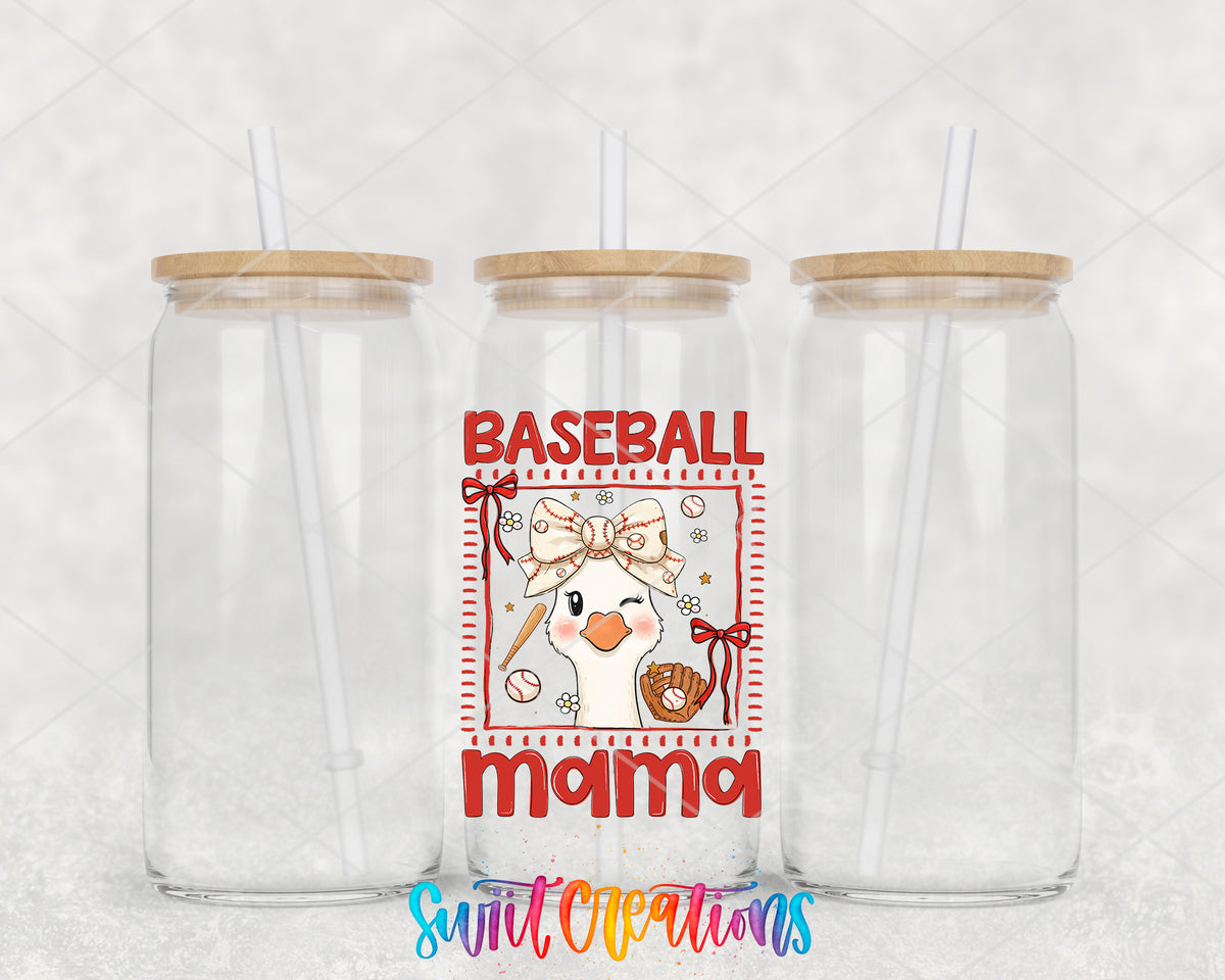 Baseball Mama Goose clear glass tumbler group mockup with bamboo lids and straws