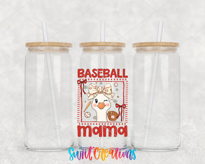 Baseball Mama Goose clear glass tumbler group mockup with bamboo lids and straws