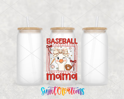 Baseball Mama Goose frosted glass tumbler group view with lids and straws