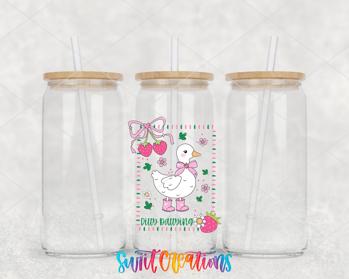 Dilly Dallying clear glass tumbler group mockup with bamboo lids and straws